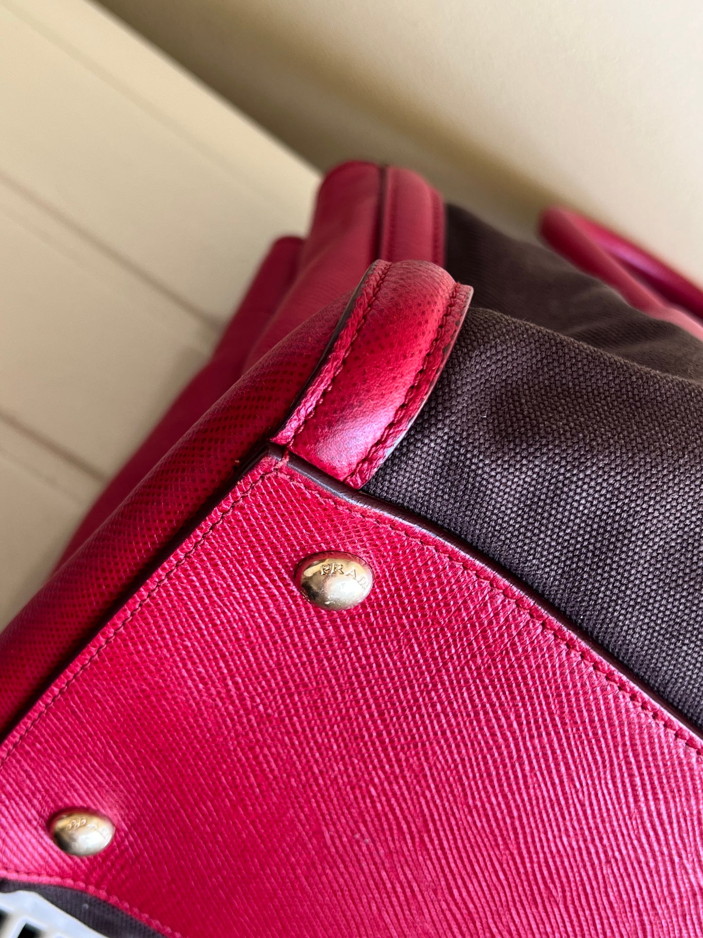 Prada Saffiano and Canvas Top Handle Tote