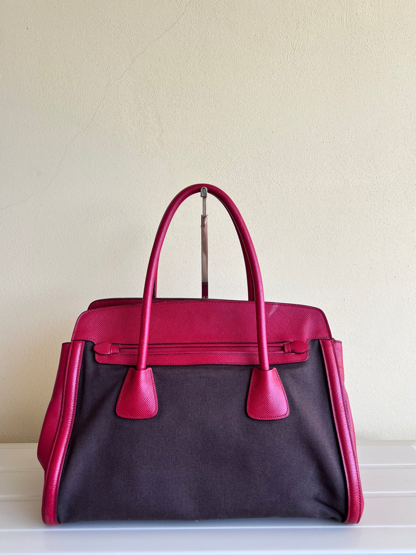Prada Saffiano and Canvas Top Handle Tote