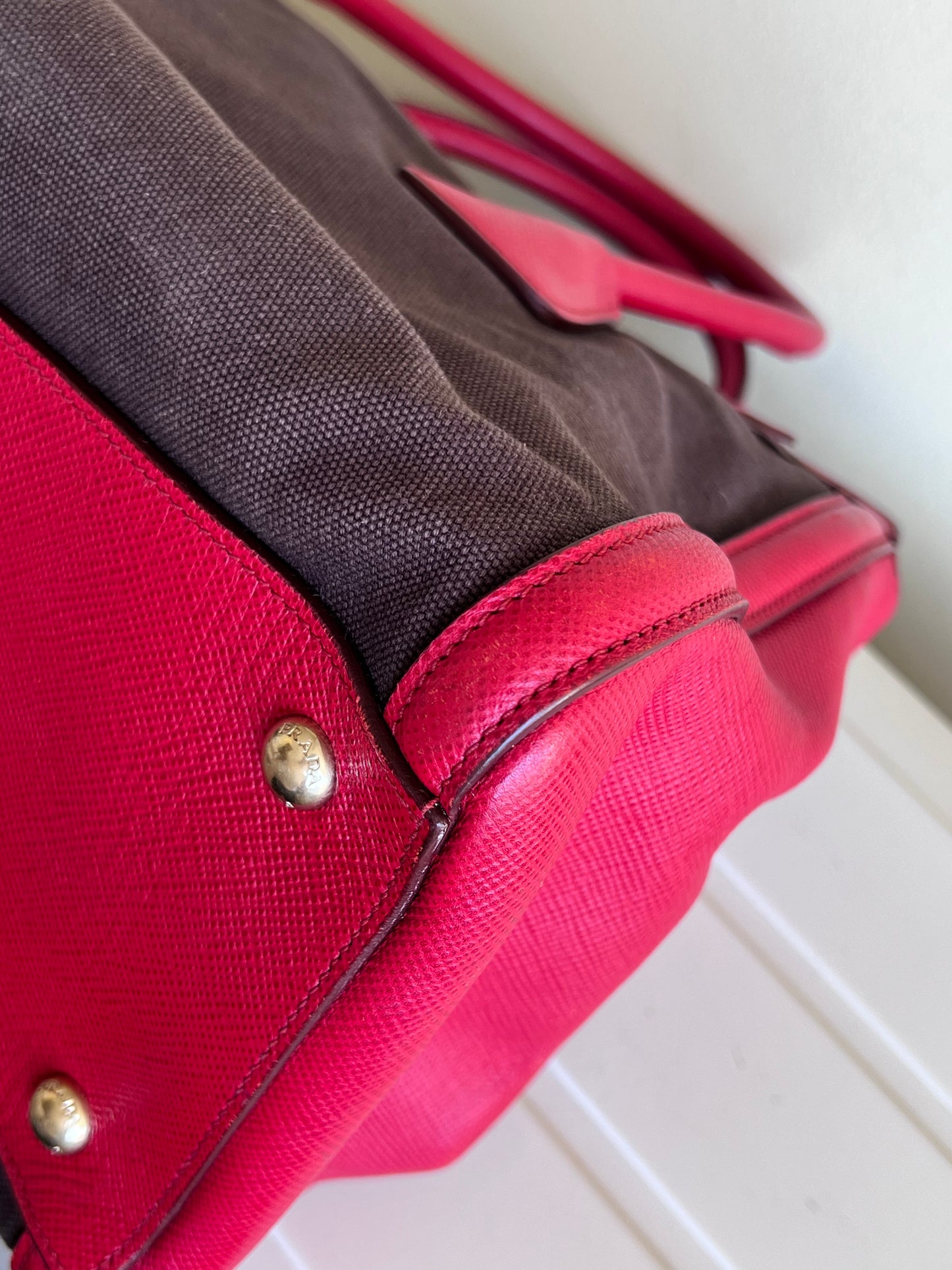 Prada Saffiano and Canvas Top Handle Tote