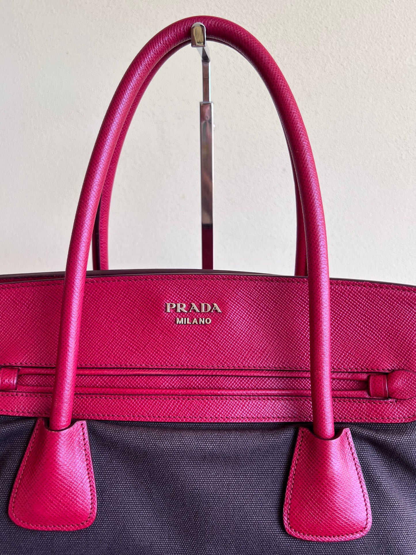 Prada Saffiano and Canvas Top Handle Tote
