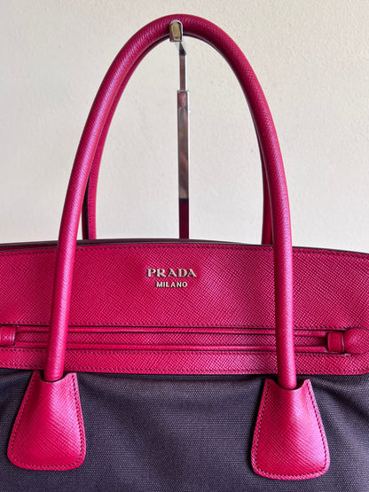 Prada Saffiano and Canvas Top Handle Tote