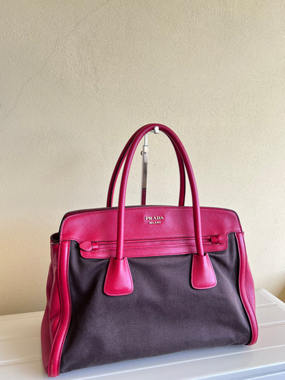 Prada Saffiano and Canvas Top Handle Tote