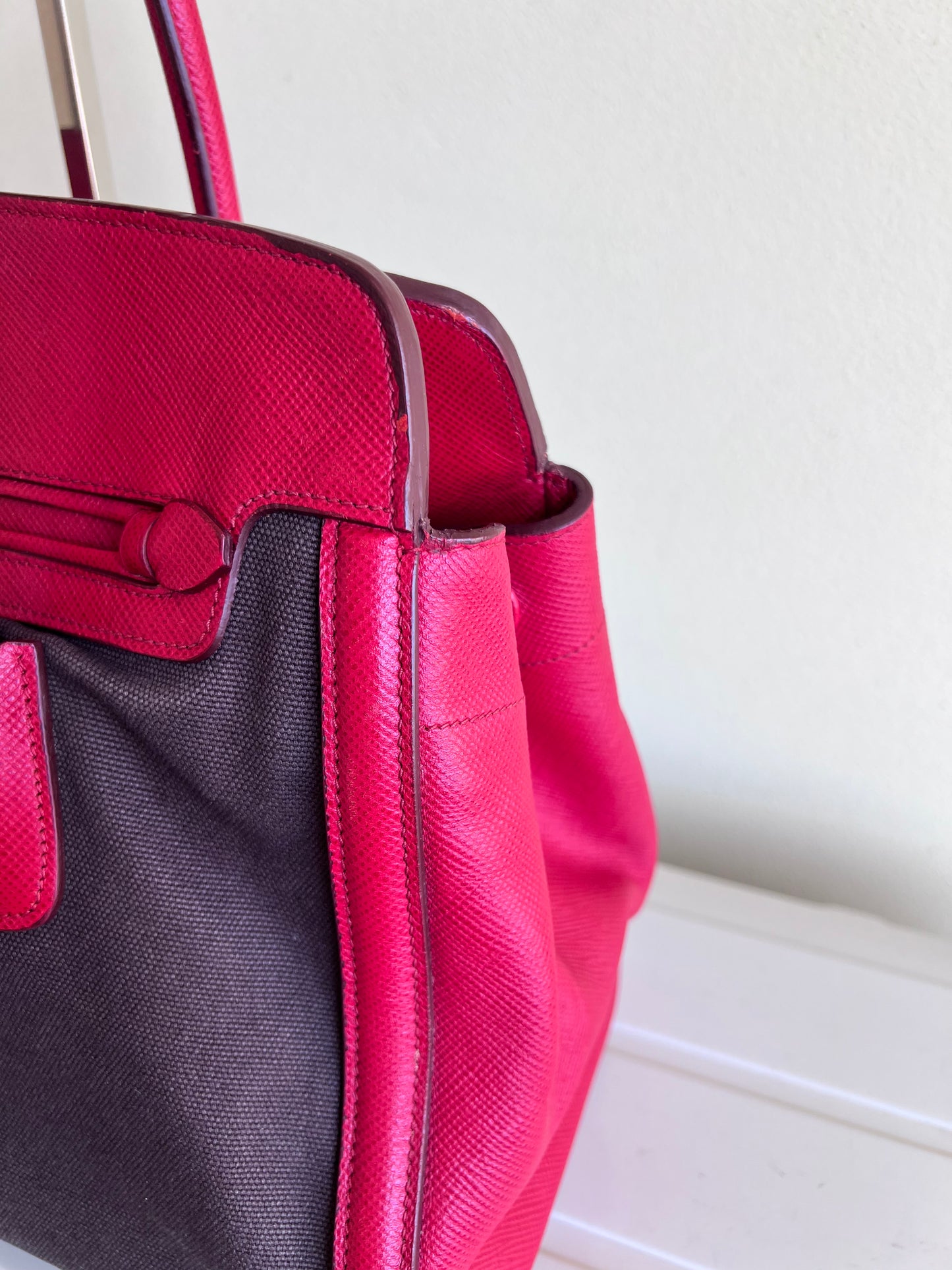 Prada Saffiano and Canvas Top Handle Tote