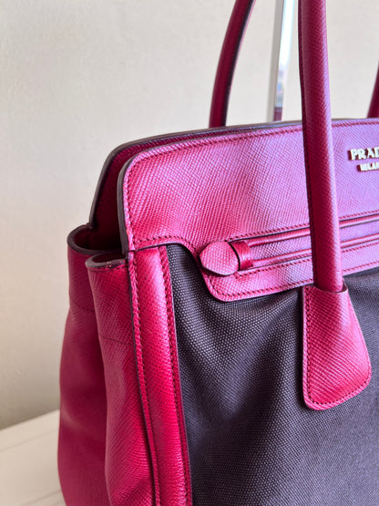 Prada Saffiano and Canvas Top Handle Tote