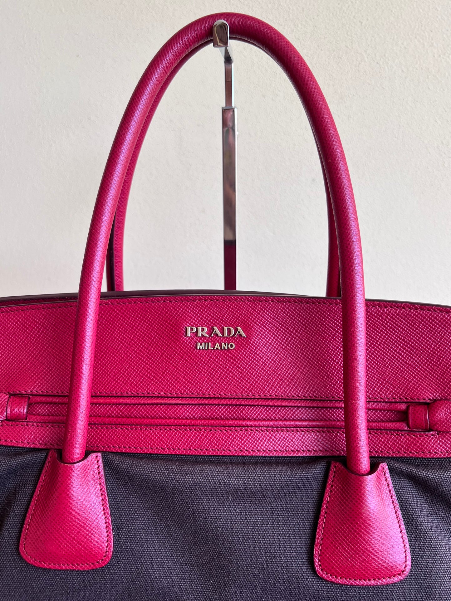 Prada Saffiano and Canvas Top Handle Tote