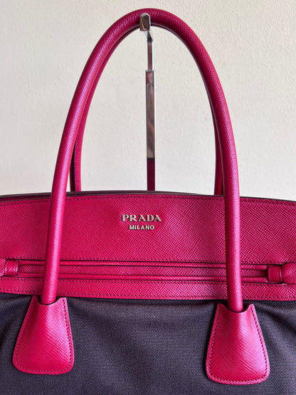 Prada Saffiano and Canvas Top Handle Tote