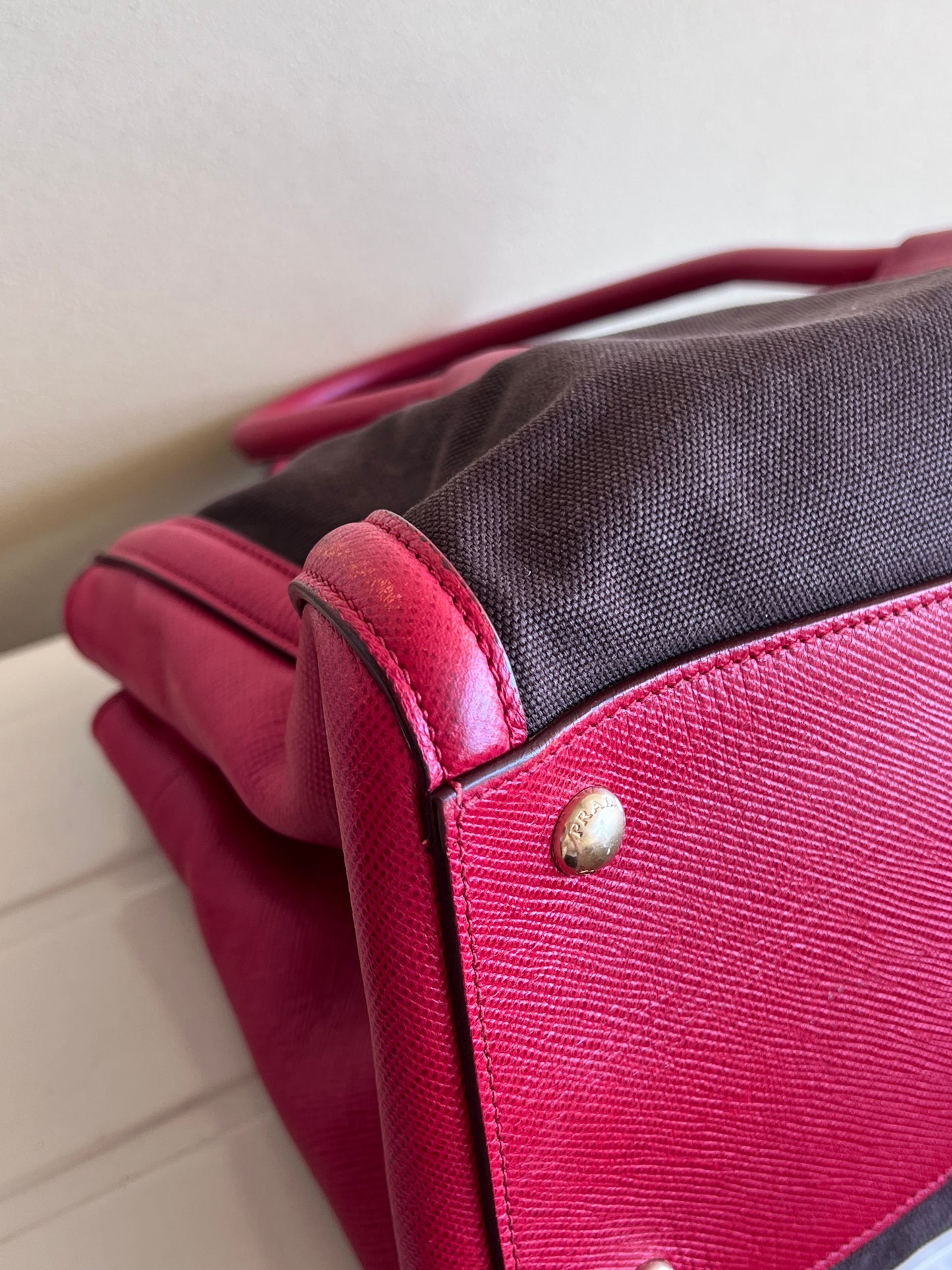 Prada Saffiano and Canvas Top Handle Tote
