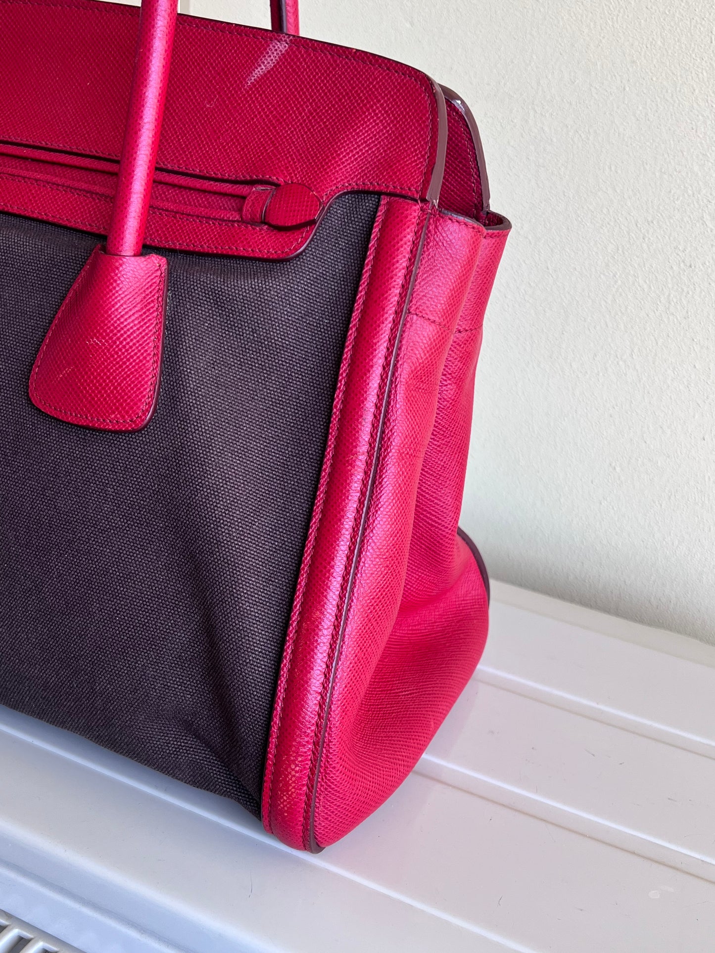 Prada Saffiano and Canvas Top Handle Tote