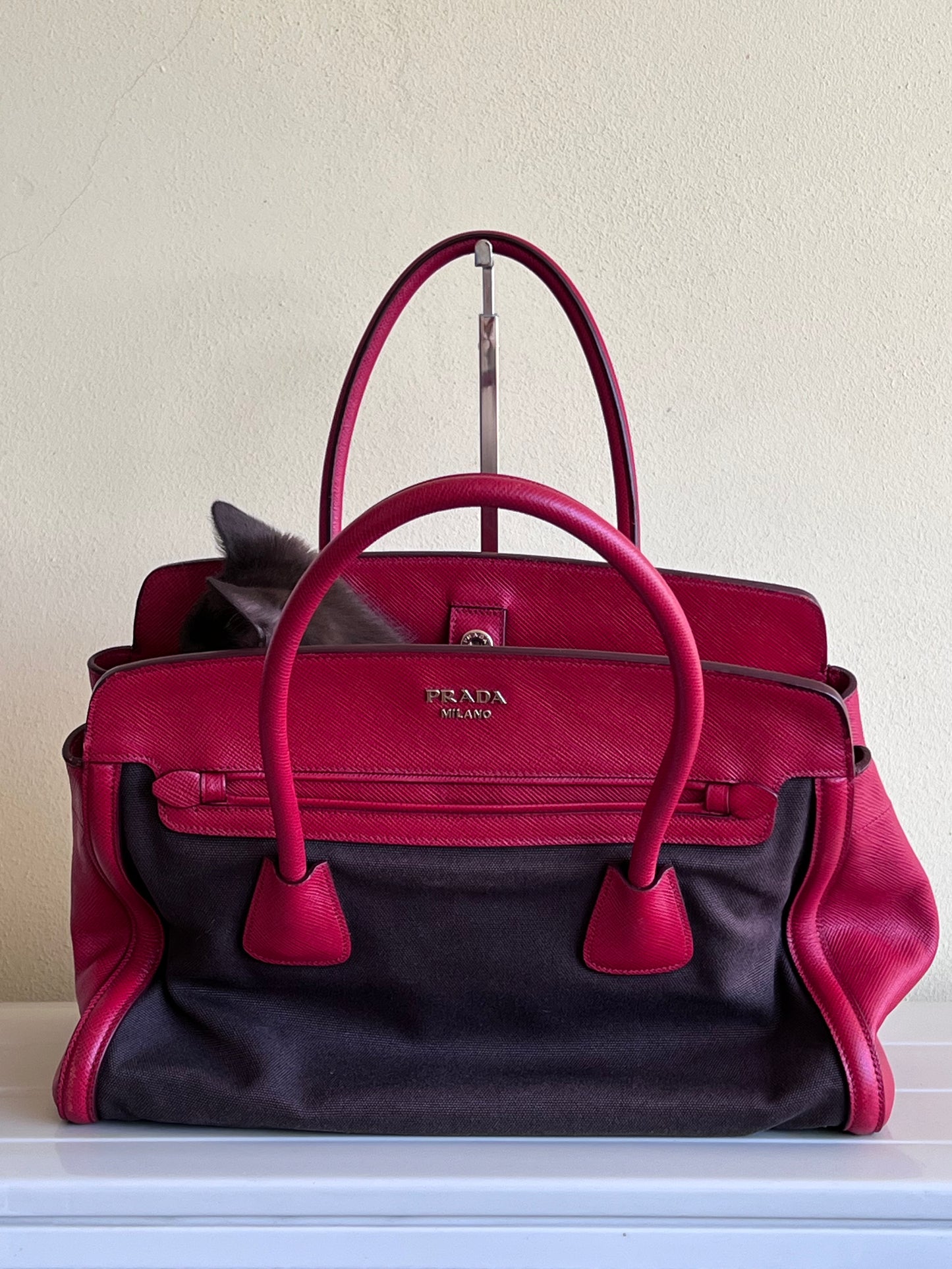 Prada Saffiano and Canvas Top Handle Tote