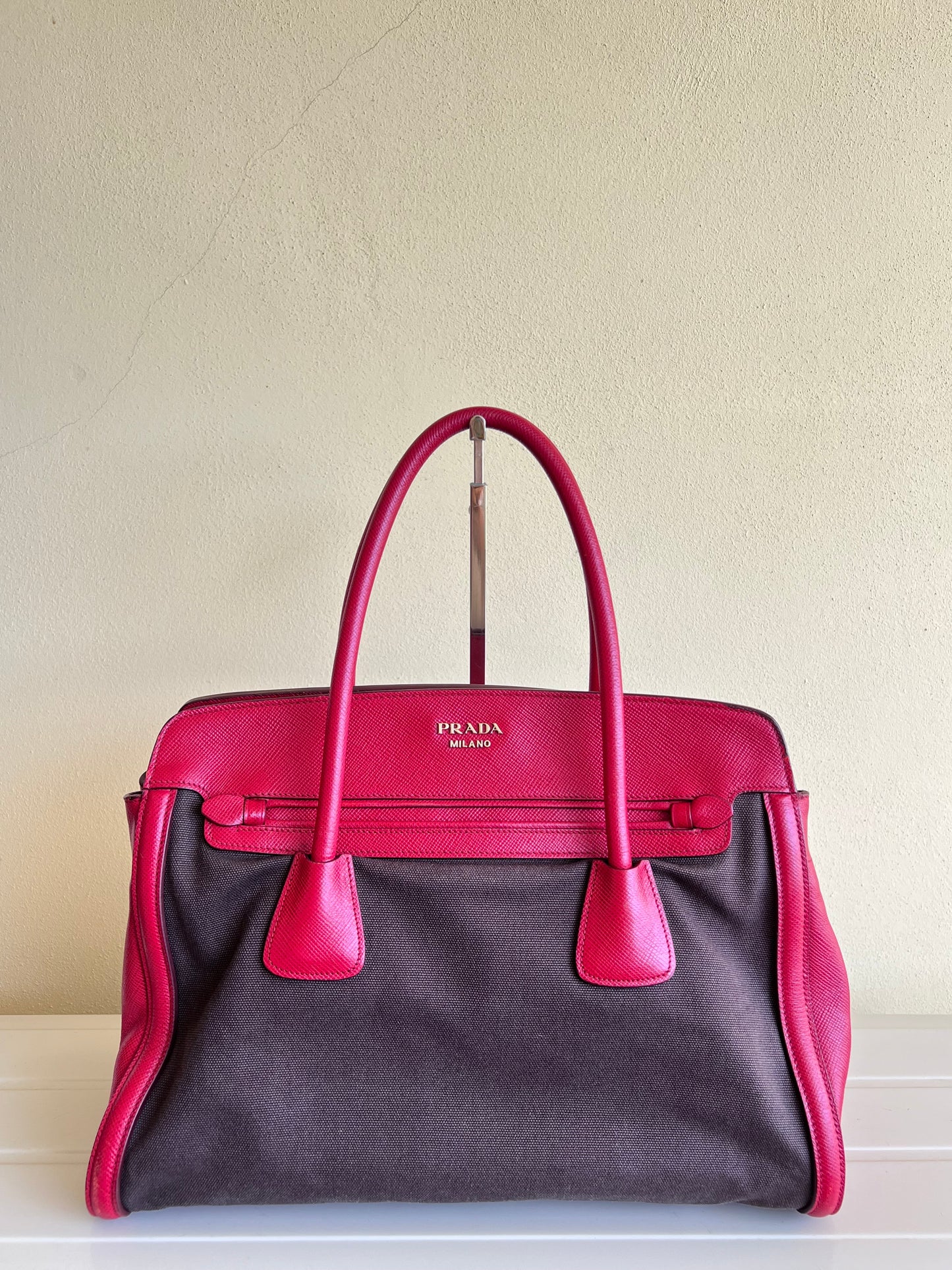 Prada Saffiano and Canvas Top Handle Tote