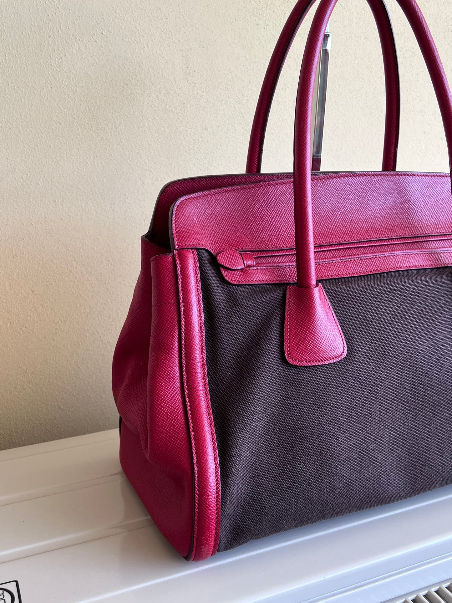 Prada Saffiano and Canvas Top Handle Tote