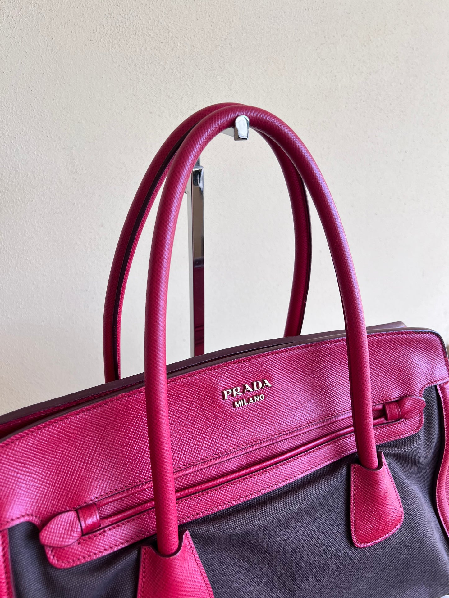 Prada Saffiano and Canvas Top Handle Tote